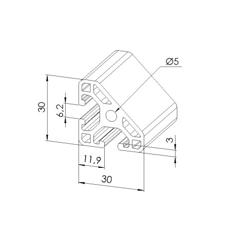 Schéma cotes - Profilé aluminium (Barre de 3 m) – Rainure 6 mm – R30x30 mm - 45° - Léger - Elcom shop