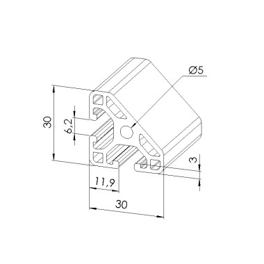 Schéma cotes - Profilé aluminium (Barre de 3 m) – Rainure 6 mm – R30x30 mm - 45° - Léger - Elcom shop