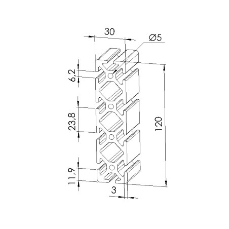 Schéma cotes - Profilé aluminium (Barre de 6 m) – Rainure 6 mm – 120x30 mm - Lourd - Elcom shop