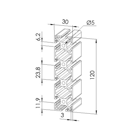 Schéma cotes - Profilé aluminium (Barre de 6 m) – Rainure 6 mm – 120x30 mm - Léger - Elcom shop