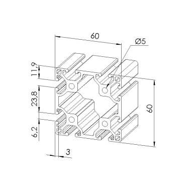 Schéma cotes - Profilé aluminium (Barre de 6 m) – 6 mm – Section 60x60 mm - Léger - Elcom shop