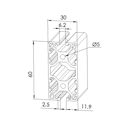 Schéma cotes - Profilé aluminium (Barre de 6 m) – Rainure 6 mm – 60x30 mm - 4N180 - Léger - Elcom shop