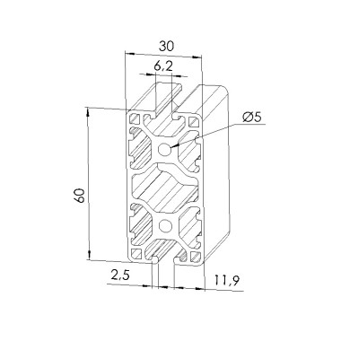 Schéma cotes - Profilé aluminium (Barre de 6 m) – Rainure 6 mm – 60x30 mm - 4N180 - Léger - Elcom shop