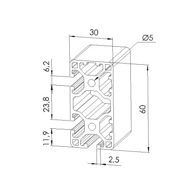 Schéma cotes - Profilé aluminium (Barre de 6 m) – 6 mm – 60x30 mm - 3N90 - Léger - Elcom shop