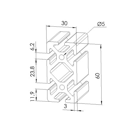 Schéma cotes - Profilé aluminium (Barre de 6 m) – Rainure 6 mm – 60x30 mm – Lourd - Elcom shop