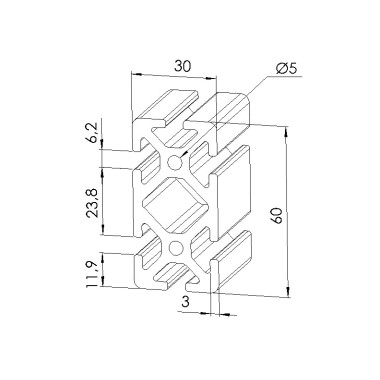 Schéma cotes - Profilé aluminium (Barre de 6 m) – Rainure 6 mm – 60x30 mm – Lourd - Elcom shop