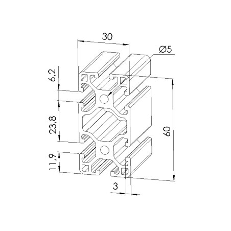 Schéma cotes - Profilé aluminium (Barre de 6 m) – 6 mm – Section 60x30 mm - Léger - Elcom shop