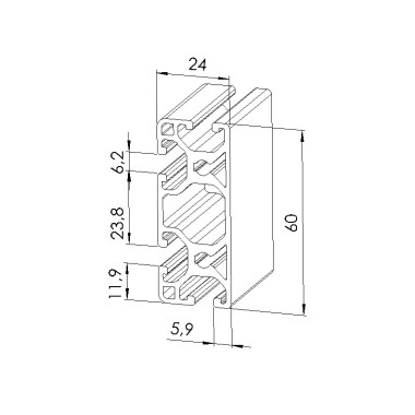 Schéma cotes -Profilé aluminium (Barre de 6 m) – Rainure 6 mm – 60x24 mm – Léger - Elcom shop