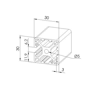 Schéma cotes - Profilé aluminium (Barre de 6 m) – 6 mm – 30x30 mm – 3N - Léger - Elcom shop