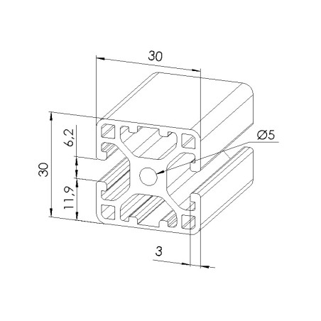 Schéma cotes - Profilé aluminium (Barre de 6 m) – 6 mm – 30x30 mm – 2N180 - Léger - Elcom shop