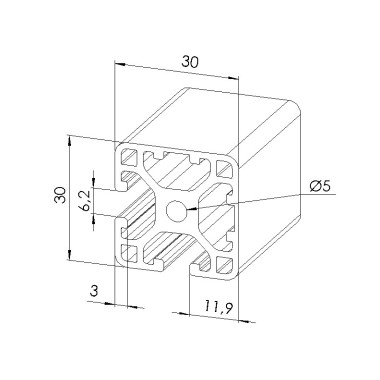 Schéma cotes - Profilé aluminium (Barre de 6 m) – 6 mm – Section 30x30 mm – 2N90 - Léger - Elcom shop