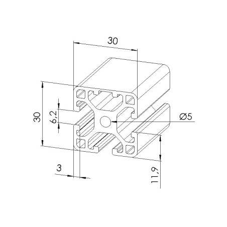 Schéma cotes - Profilé aluminium (Barre de 6 m) – 6 mm – Section 30x30 mm – 1N - Léger - Elcom shop