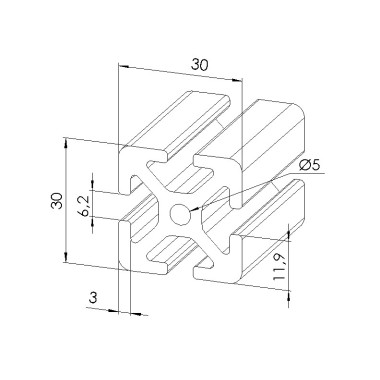 Schéma cotes - Profilé aluminium (Barre de 6 m) – Rainure 6 mm – Section 30x30 mm - lourd - Elcom shop