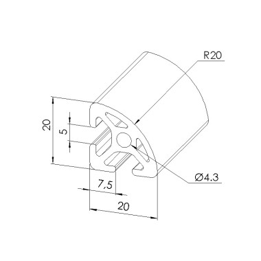 Schéma cotes - Profilé aluminium (Barre de 3 m) – Rainure 5 mm – Section R20-90° - Elcom shop