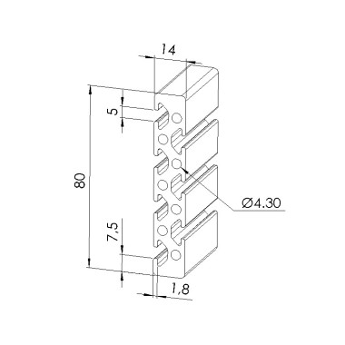 Schéma cotes - Profilé aluminium (Barre de 3 m) – Rainure 5 mm – Section 80x14 mm - Elcom shop