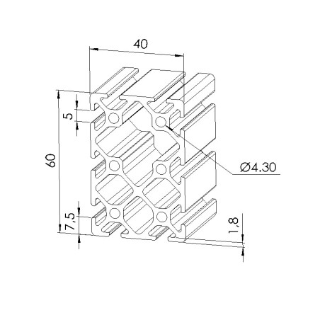 Schéma cotes - Profilé aluminium (Barre de 6 m) – Rainure 5 mm – Section 60x40 mm - Elcom shop