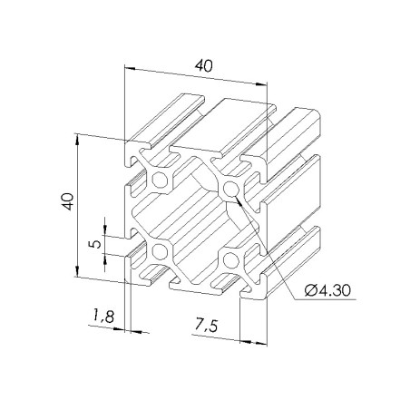 Schéma cotes - Profilé aluminium (Barre de 6 m) – Rainure 5 mm – Section 40x40 mm - Elcom shop