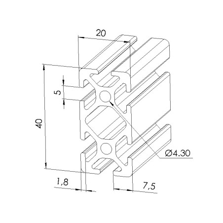 Schéma cotes - Profilé aluminium (Barre de 3 m) – Rainure 5 mm – Section 40x20 mm - Noir - Elcom shop