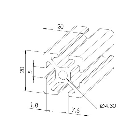 Schéma cotes - Profilé aluminium (Barre de 3 m) – Rainure 5 mm – Section 20x20 mm - Elcom shop