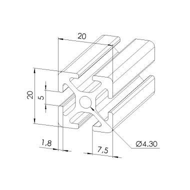 Schéma cotes - Profilé aluminium (Barre de 3 m) – Rainure 5 mm – Section 20x20 mm - Elcom shop