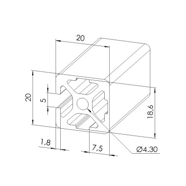 Schéma cotes - Profilé aluminium (Barre de 3 m) – Rainure 5 mm – Section 20x20 mm - 3N - Elcom shop