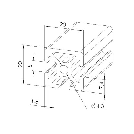 Schéma cotes - Profilé aluminium (Barre de 3 m) – Rainure 5 mm – Section 20x20 mm - 1N - Elcom shop
