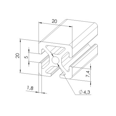 Schéma cotes - Profilé aluminium (Barre de 3 m) – Rainure 5 mm – Section 20x20 mm - 1N - Elcom shop