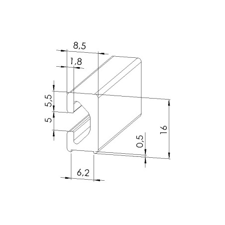 Schéma cotes - Profilé aluminium (Barre de 3 m) – Rainure 5 mm – Section 16x8,5 mm - Elcom shop