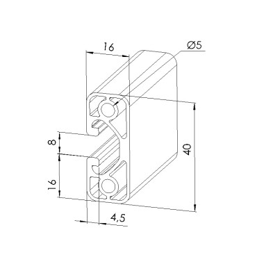 Schéma cotes - Profilé aluminium (Coupe max 3 m) – 8 mm – 40x16 mm - Economique - Elcom shop