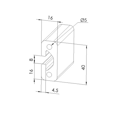 Schéma cotes - Profilé aluminium (Coupe max 3 m) – 8 mm – Section 40x16 mm - Lourd - Elcom shop