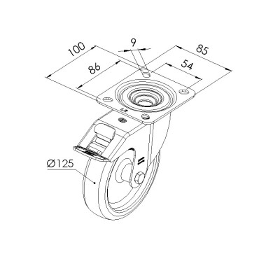 Schéma cotes - Roulette pivotante profilé - Platine 90x66 mm - Blocage – D125 – 120kg - Elcom shop