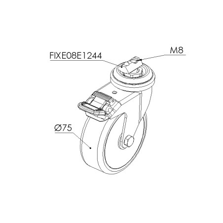 Schéma cotes - Roulette pivotante profilé aluminium – D75 à blocage – section 40x40 mm - Elcom shop