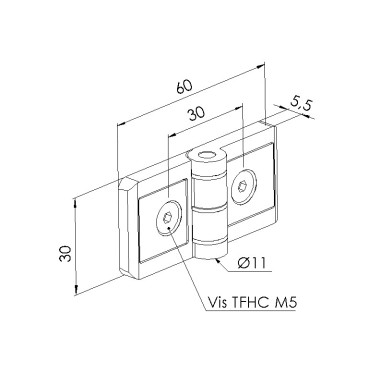 Schéma cotes - Charnière profilé aluminium – 6 30 – Zn – 6/6 – Avec vis - Elcom shop