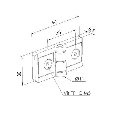 Schéma cotes - Charnière profilé aluminium – 6 30 – Zn – 6/8 – Avec vis - Elcom shop