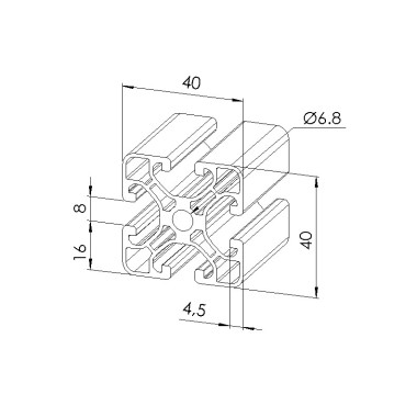 Schéma cotes - Profilé aluminium (Coupe max 6 m ) – Rainure 8 mm – Section 40x40 mm - Economique - Elcom shop