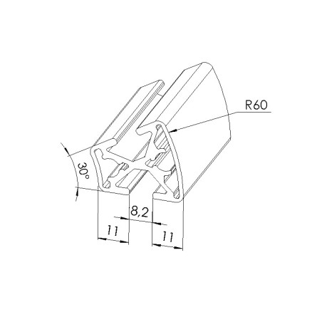 Schéma cotes - Profilé aluminium (Coupe max 6 m) – Rainure 8 mm – Section R30/60-30° - Elcom shop