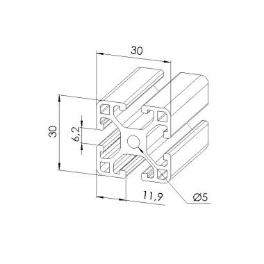 Schéma cotes - Profilé aluminium (Barre de 6 m) – Rainure 6 mm – Section 30x30 mm - léger - Elcom shop