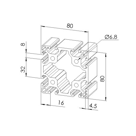 Schéma cotes - Profilé aluminium (Barre de 6 m) – Rainure 8 mm – Section 80x80 mm - Léger - Elcom shop