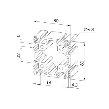 Schéma cotes - Profilé aluminium (Barre de 6 m) – Rainure 8 mm – Section 80x80 mm - Léger - Elcom shop