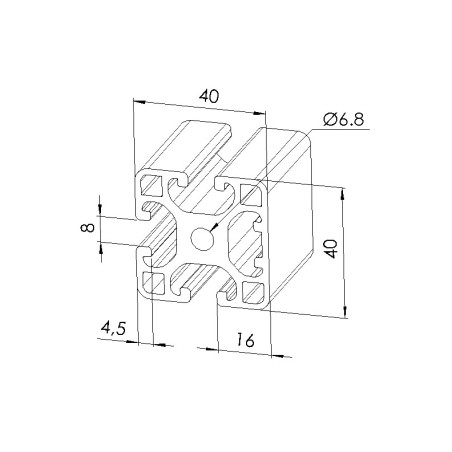 Schéma cotes - Profilé aluminium (Barre de 6 m) – 8 mm – Section 40x40 mm - 1N - léger - Elcom shop