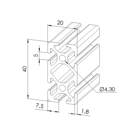 Schéma cotes - Profilé aluminium (Barre de 3 m) – Rainure 5 mm – Section 40x20 mm - Elcom shop