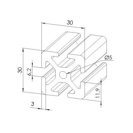 Schéma cotes - Profilé aluminium (Barre de 6 m) – Rainure 6 mm – Section 30x30 mm - lourd - Elcom shop