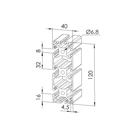 Schéma cotes - Profilé aluminium (Barre de 6 m) – Rainure 8 mm – Section 120x40 mm - Léger - Elcom shop