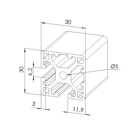 Schéma cotes - Profilé aluminium (Barre de 6 m) – 6 mm – Section 30x30 mm – 2N90 - Léger - Elcom shop