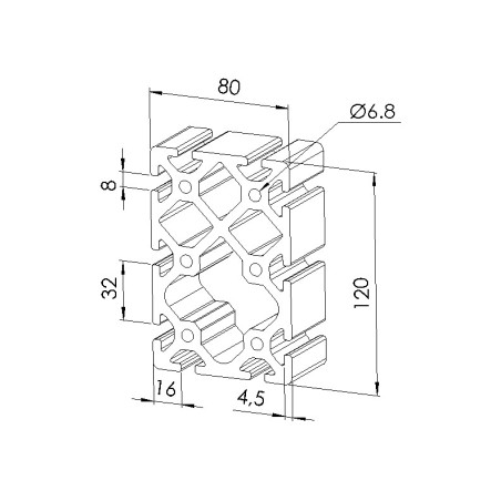 Schéma cotes - Profilé aluminium (Barre de 6 m) – Rainure 8 mm – Section 120x80 mm - Lourd - Elcom shop