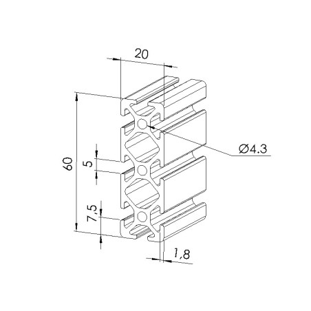 Schéma cotes - Profilé aluminium (Barre de 3 m) – Rainure 5 mm – Section 60x20 mm - Elcom shop