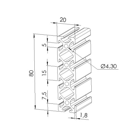 Schéma cotes - Profilé aluminium (Barre de 3 m) – Rainure 5 mm – Section 80x20 mm - Elcom shop