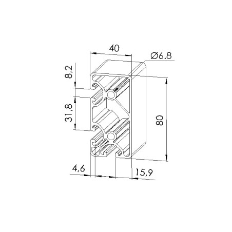 Schéma cotes - Profilé aluminium (Barre de 6 m) – Rainure 8 mm – 80x40 mm – 3N90 - Eco - Elcom shop