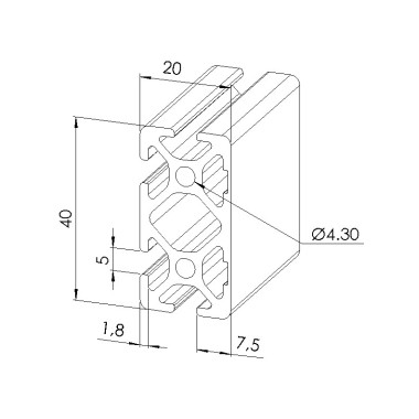 Schéma cotes - Profilé aluminium (Barre de 3 m) – Rainure 5 mm – Section 40x20 mm - 2N - Elcom shop