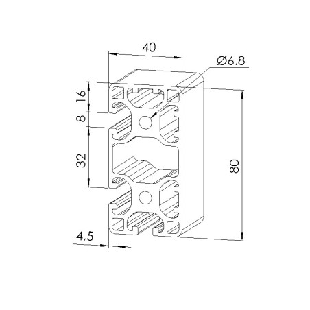 Schéma cotes - Profilé aluminium (Barre de 6 m) – Rainure 8mm – Section 80x40 - 3N90 - Léger - Elcom shop